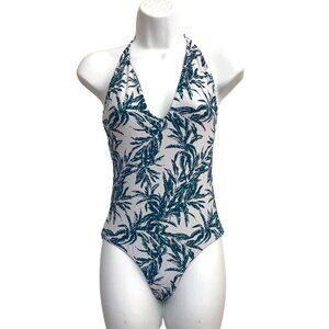 ONIA Nina One Piece Swimsuit Sz Urban Palms Print Plunge Neck Halter Open Back